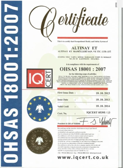 OHSAS 18001:2007 – eski Altınay web sitesinden alınmış belge görüntüsü